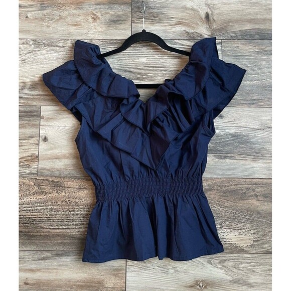 NWT Buffalo David Bitton Women's Ruffle Sleeveless Blouse Top Navy Size Small - Picture 2 of 8